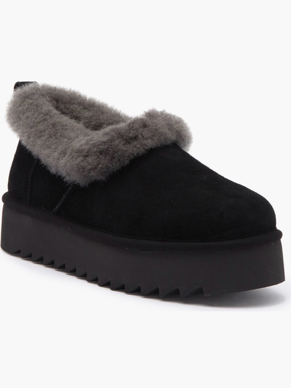 Women’s Black Suede Ugg Nita Platform Slip-On with Gray Shearling Trim- Size 7